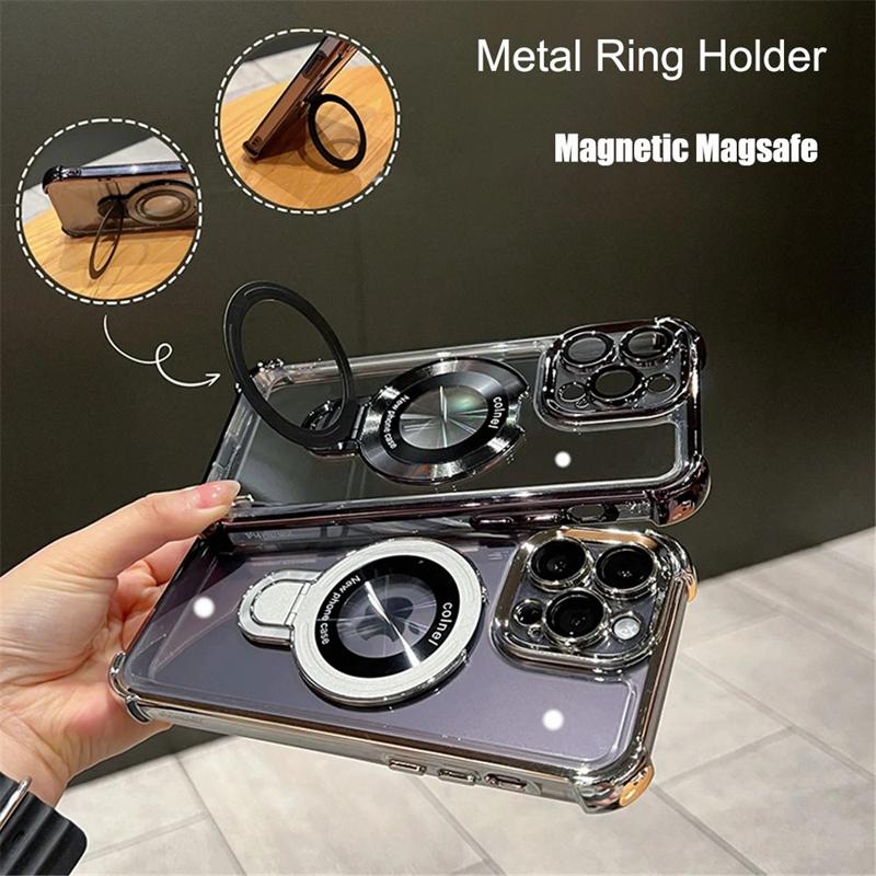 Luxury Shockproof Magsafe Clear Phone Case For iPhone 11 12 13 14 15 16 17 Pro Max Plus Magnetic With Holder Stand Bracket Cover