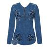 Women's imitation denim print zipper top - long-sleeved V-neck, slim-fit design, fashionable personality