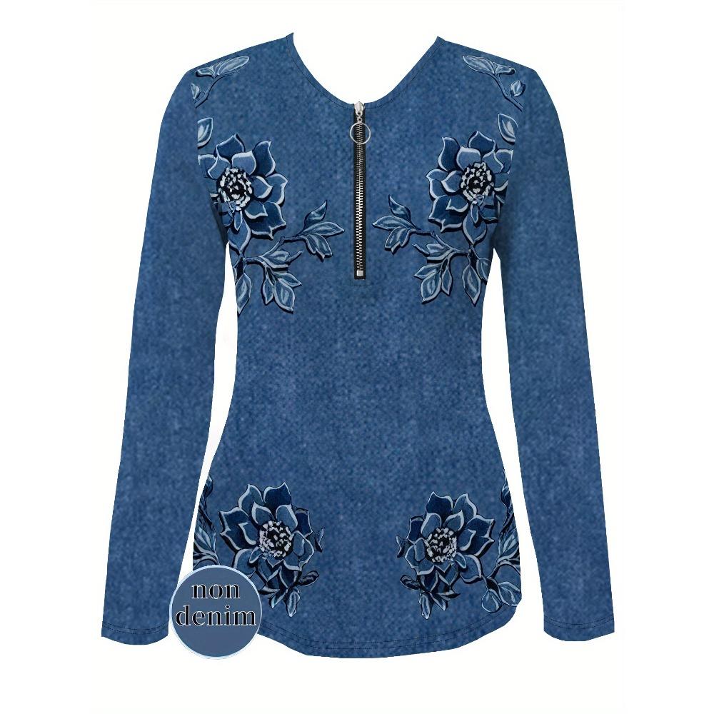 Women's imitation denim print zipper top - long-sleeved V-neck, slim-fit design, fashionable personality