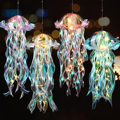 Colorful Jellyfish Lamp with Long Lace Ribbon Portable Jellyfish Lantern with Handle LED Nigh Light Decoration for Bedroom Porch Wedding