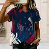 Plus Size Women Collared Short Sleeve Blouse Geometric Abstract Line Print Button Front Casual Summer Top