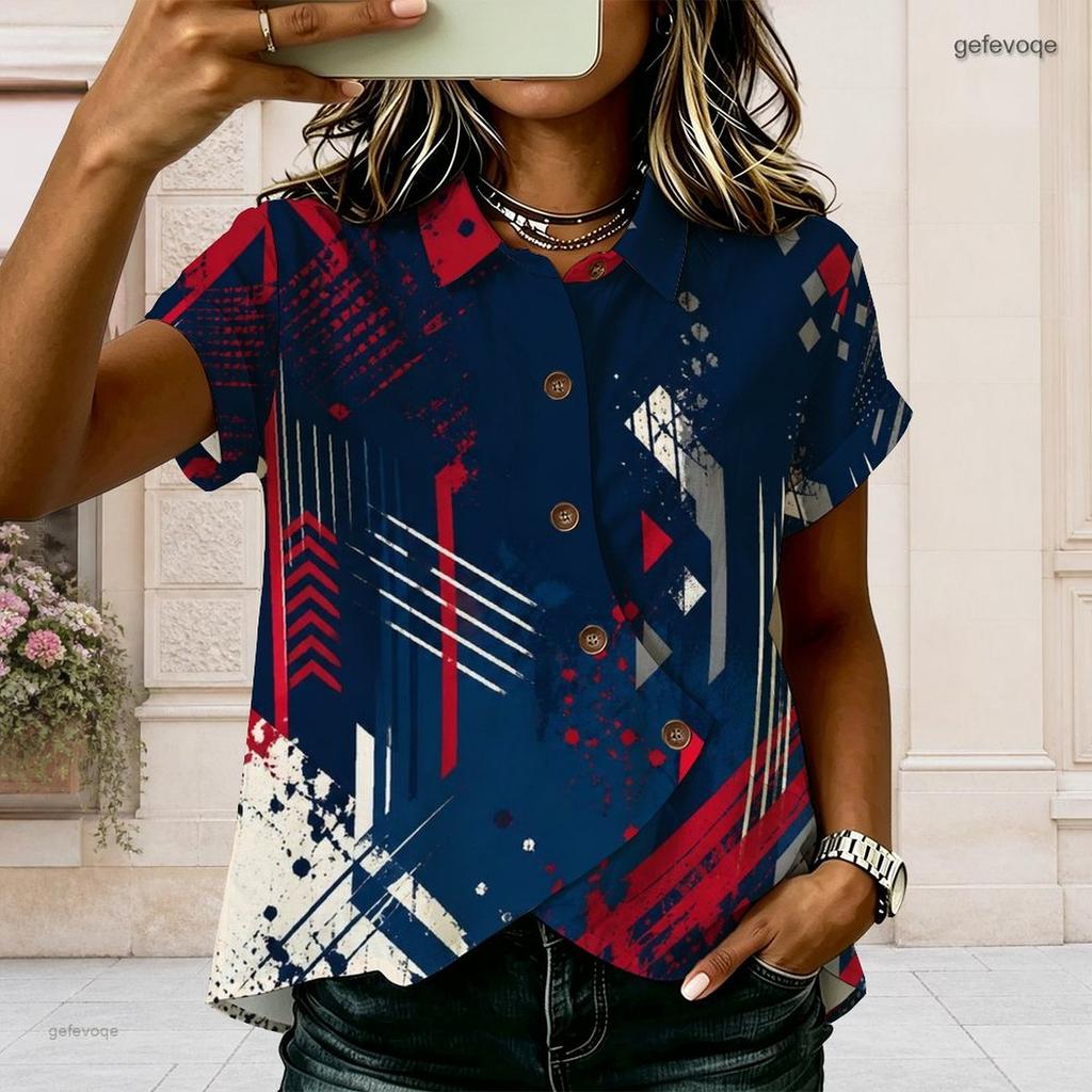 Plus Size Women Collared Short Sleeve Blouse Geometric Abstract Line Print Button Front Casual Summer Top