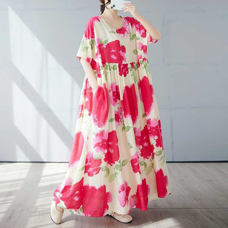 Einfacher und modischer langer Rock Sommer Kurzärmel Rundhals bedrucktes Kleid