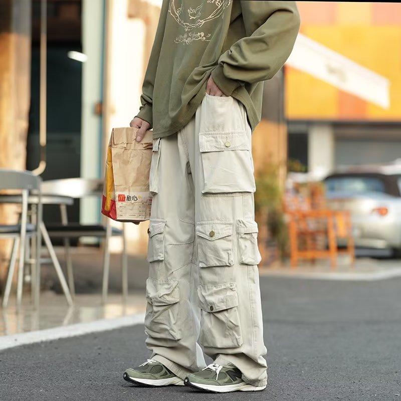 High Street trendy brand casual trousers men's autumn new cotton loose straight wide-leg trousers multi-pocket overalls