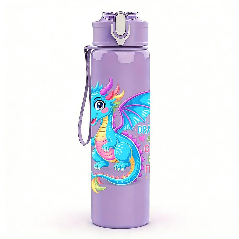 1PC Fantasy Blue Dragon Cartoon Print 750ml Color Plastic Sports Water Bottle Leakproof Flip Straw Lid Suitable for Sports Office Home Use