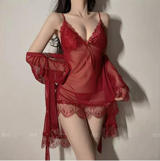 Ensemble de Lingerie en Dentelle Grande Taille 3 Pièces: Nuisette camisole d'été sexy en soie glacée transparente.