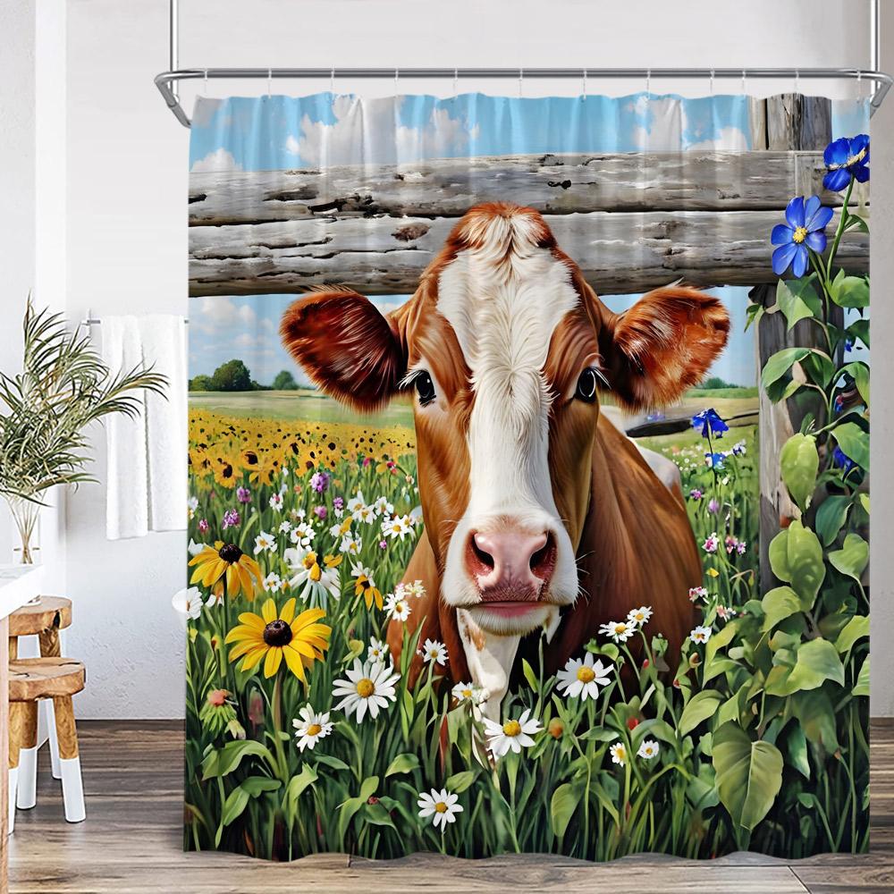 Highland Cow Farmland Shower Curtains Countryside Scenery Funny Animals Bathroom Decorations Grassland Polyester Bath Curtain