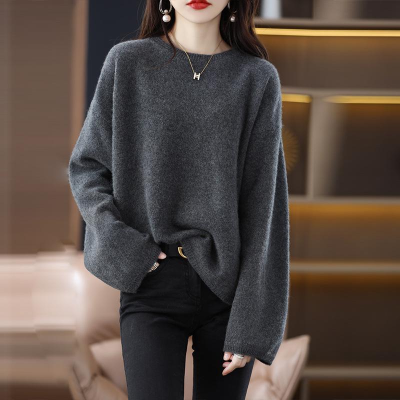Lazy Casual Temperament Crew Neck Sweater Women's Autumn and Winter New Solid Color Loose Pullover Bottoming Knitted Sweater