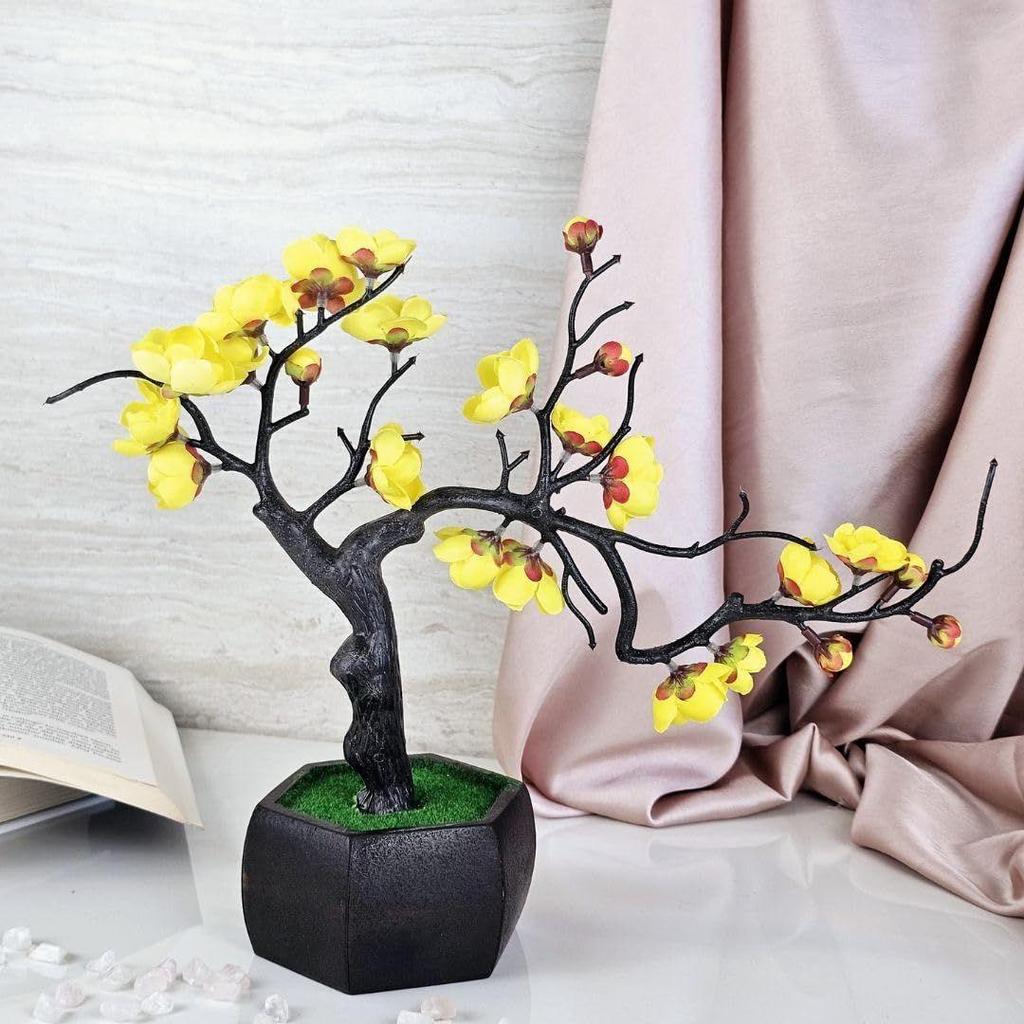 Artificial Cherry Blossom Bonsai Flower with Wooden Pot for Home Decor, Living Room, Center Table, Indoor  (Yellow)