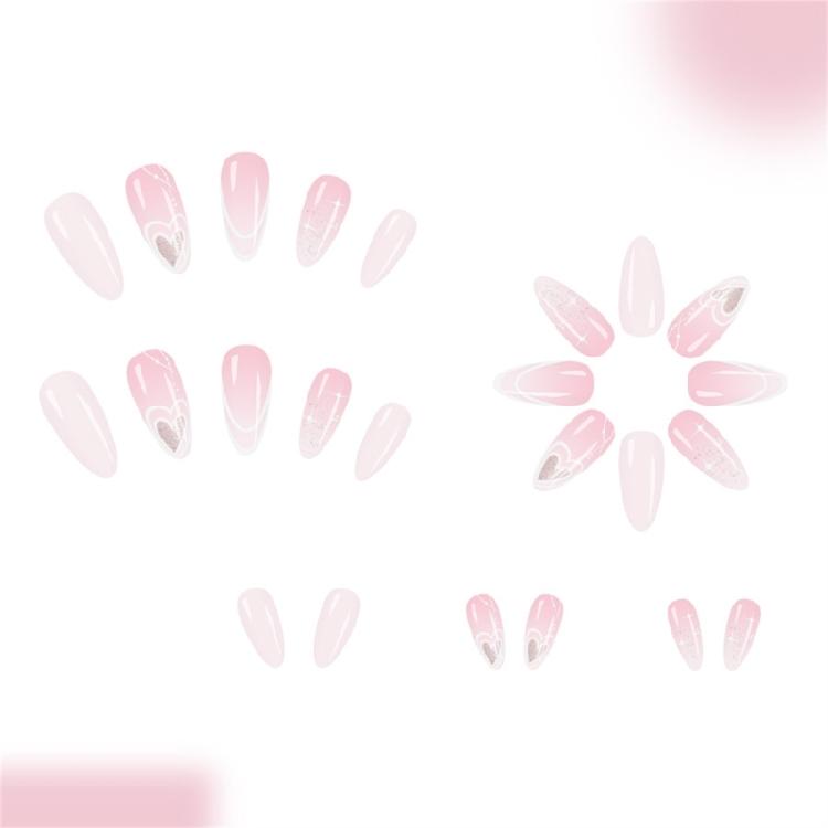 24PCS Ombres Glitters Press On Nail Medium Almond Shape White Heart Design Reusable Fake Nail ABS