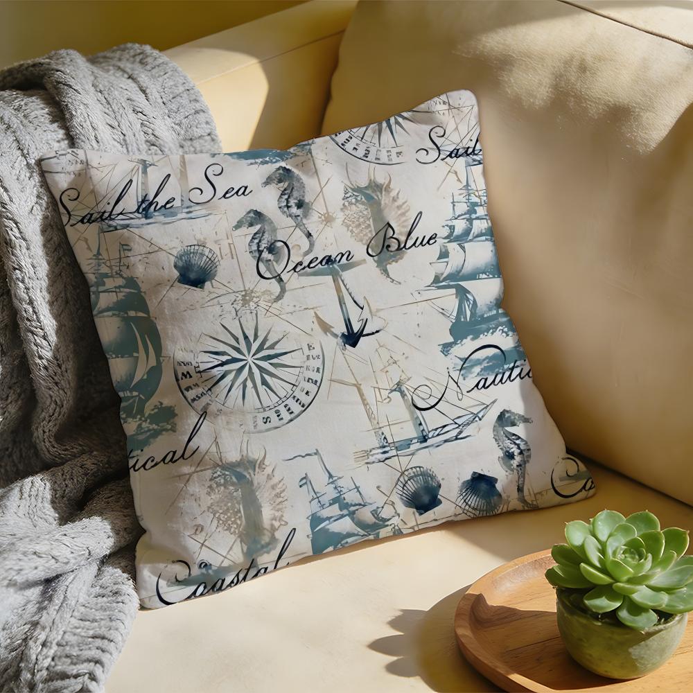 Marine Theme Rudder Anchor Animals Cushion Cover Washed Linen Soft Breathable Decorative Case For Sofa Home Pillow Cover