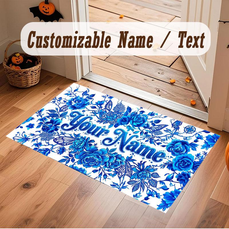 Floral Garden Theme Crystal Velvet Floor Rug Personalized Custom Name Text Warm Carpet Home Decoration