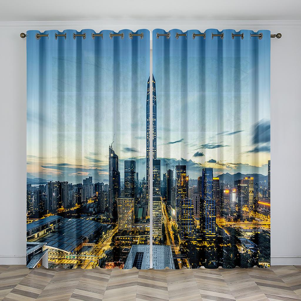 3D Iconic Building Landscape Sunshade Window Drapes Luxury Living Space Home Curtain Bedroom Space Decor Thin Window Drapes 2 Panels