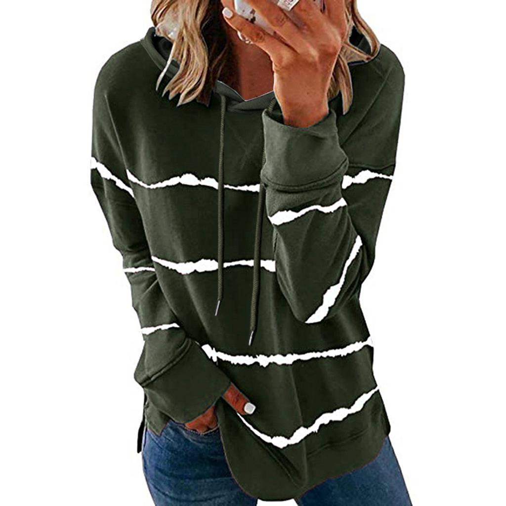 Women's Fashion Casual Stripe Print Hooded Long Sleeve Loose T Shirt Tops