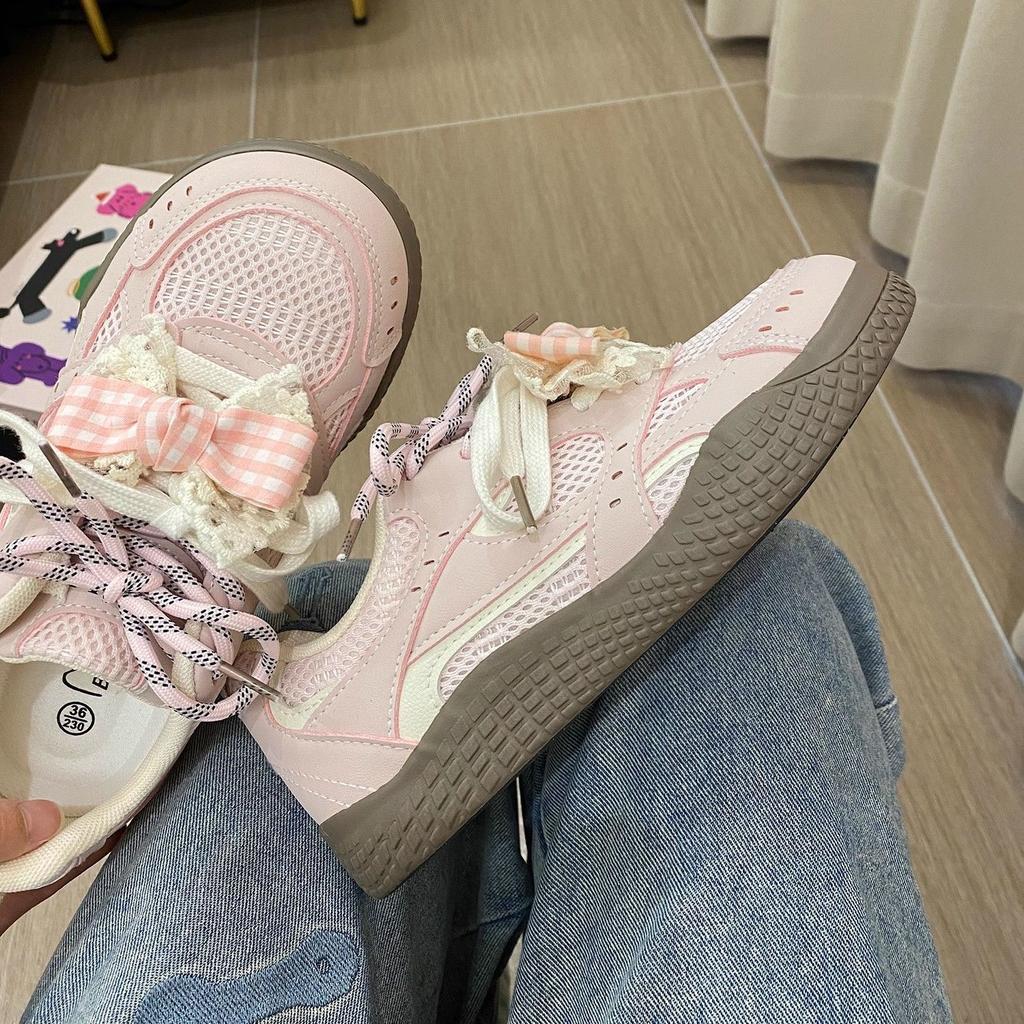 Pink double mesh shoes female ugly cute spring new niche low-top versatile sports little white shoes