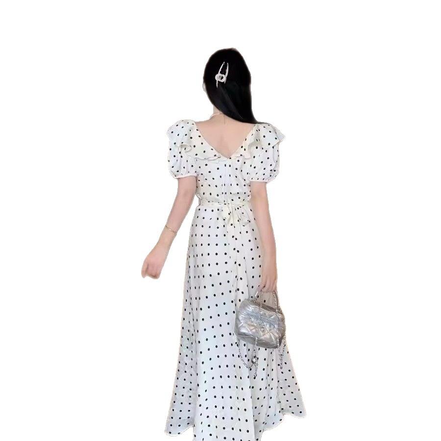 French ruffle edge bubble sleeve polka dot dress children's summer new French temperament waist dress