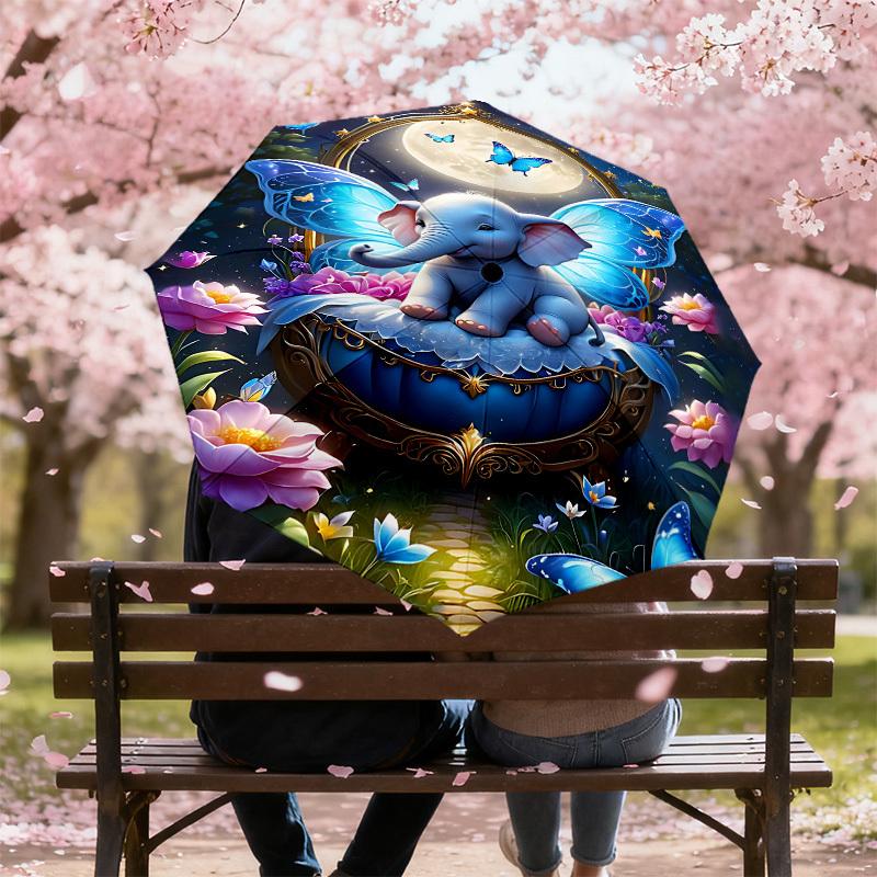 1PC Elephant Butterfly Automatic Open/Close Umbrella with Windproof, 8-Rib Sturdy Canopy, Durable Ribs, Fashionable Design, Outdoor Accessory, Fun Pri