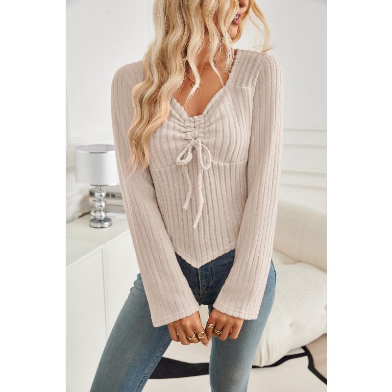 Autumn and Winter Women's Drawstring Long Sleeve Blouse Pit Stripe Short Top