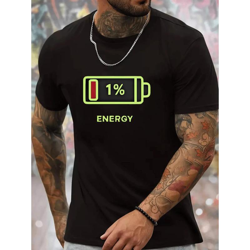 

Summer Fashion Men S T-Shirt with 1% Energy Battery Print, Crew Neck Short Sleeve Casual Top with Slight Stretch - Adult Regular Fit Fabric Tee 4XL чорний