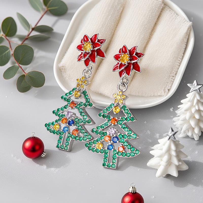 New Christmas earrings for women, colorful dopamine flower jewelry, Christmas wind hollowed out Christmas tree