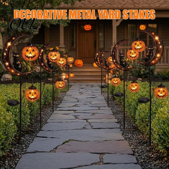 Dekorative Metall-Gartenstäbe Solar Halloween Gartenstecker-Licht, Automatisches Ein-/Ausschalten Halbmond Schwarze Katze mit Hängenden Gruseligen Außen-Terrassen-Akzenten Kürbis