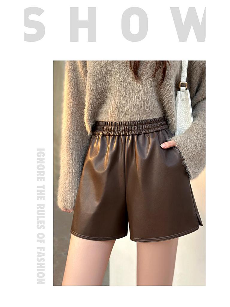 Черные шорты А-силуэта из искусственной кожи с высокой талией для женщин - Осенне-зимний стиль