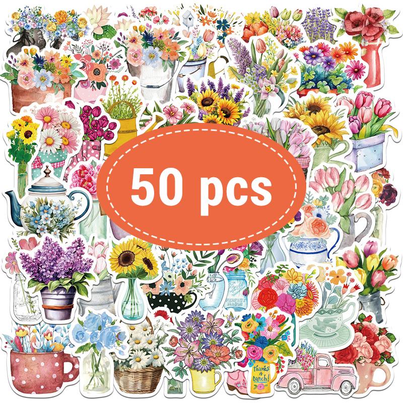 50 Pcs Potted Flower Stickers Cartoon Vinyl Waterproof Plants Sticker for Laptops Water Bottles Flower Pots Vases Guitar Decals