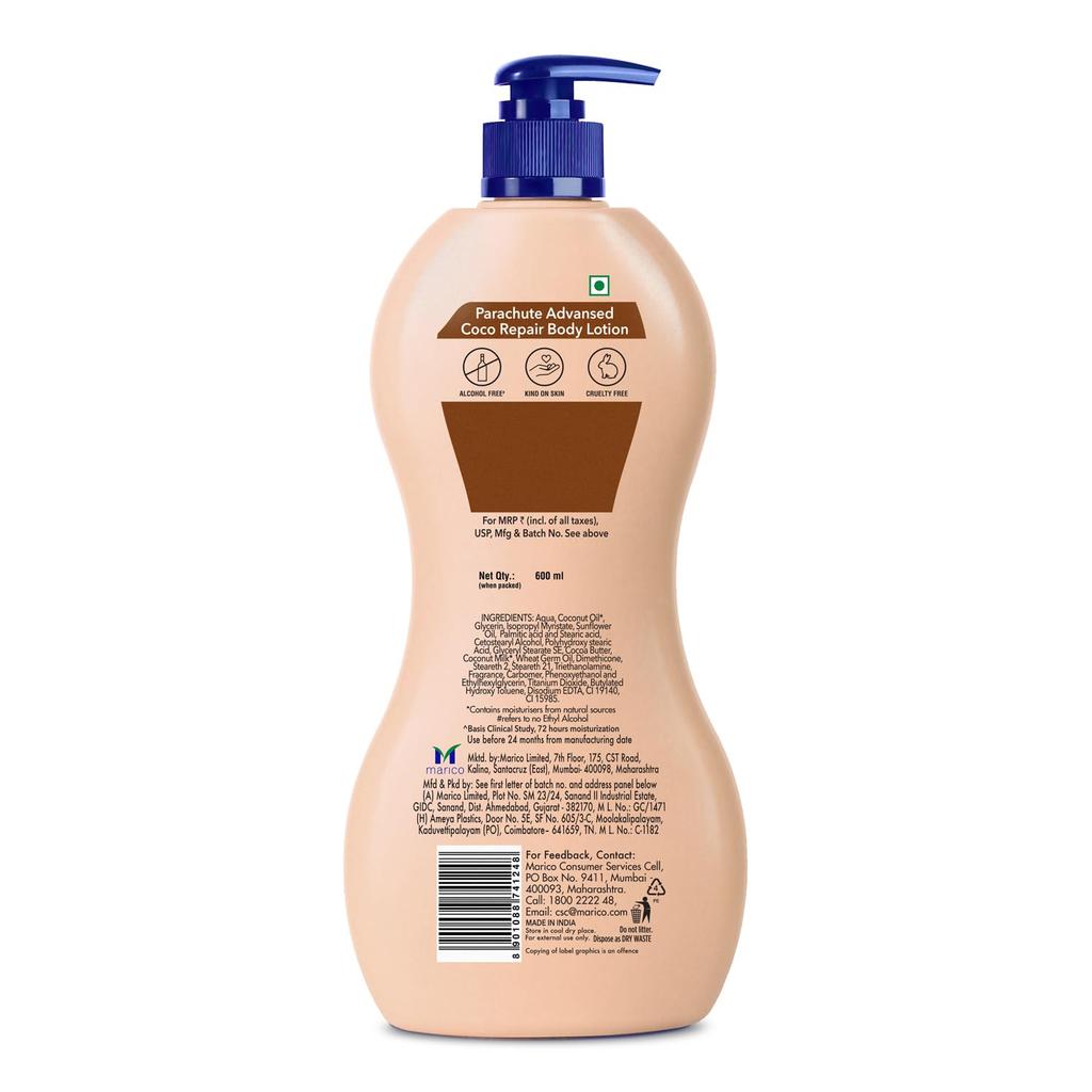 Parachute Advansed Cocoa Repair Body Lotion For Very Dry Skin 600ml Deep Hydration Moisturizer With Coconut Milk And Cocoa