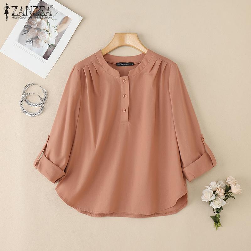 ZANZEA Blusa Casual da Donna Girocollo Regolabile Ampia Manica Lunga