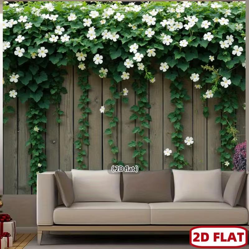 2D Rustic Wooden Fence Trailing Floral Vine Nature Photography Background