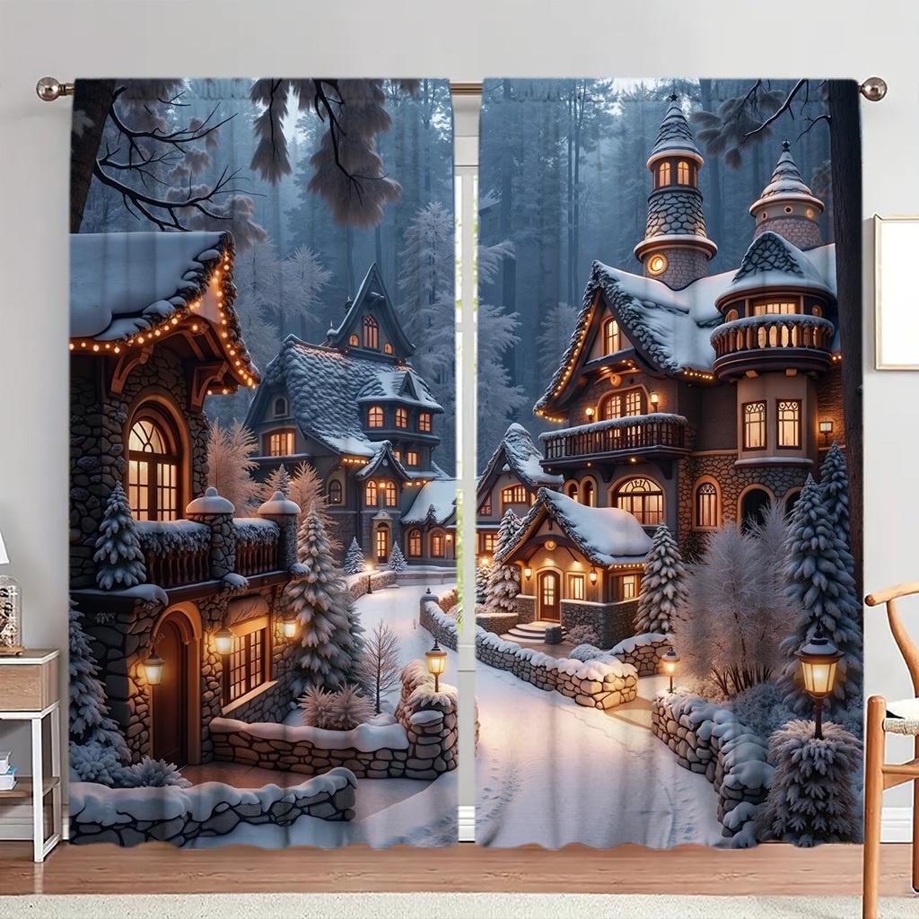 2pcs Winter Town Snow Scenery Printed Curtain for Christmas Home Decor - Rod Pocket Window Treatment for Bedroom,Office,Kitchen