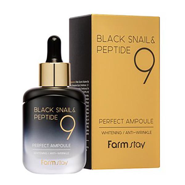 FARM STAY Black Snail & Peptide 9 Perfect Ampoule – Elastizitätsförderndes Serum mit Schneckenmucin & 9 Peptiden, Koreanisch
