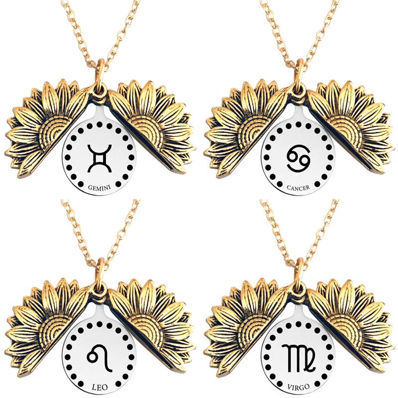 Twelve Constellations Sunflower Titanium Steel Pendant Necklace - European & American Holiday Gift