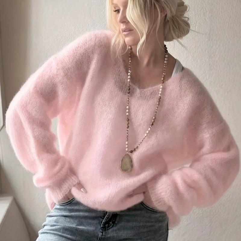 2026 Fall Winter V Neck Sweater Women Loose Lazy Style Solid Color Knit Top