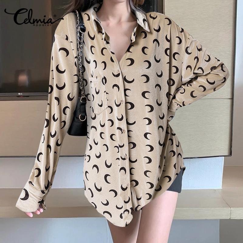 

Celmia Весна Женская мода Удобный лацкан воротник Рубашка с длинным рукавом Лунный принт Повседневные свободные блузки Топы Уличная одежда Плюс Размер