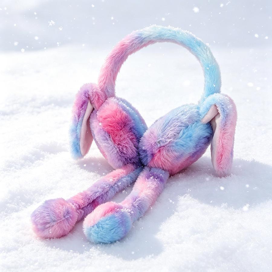 Kinder Kunstfell Hasenohren Ohrenschützer, Flauschige Farbverlauf Ohrenwärmer mit Beweglichen Hasenohren, Weiche Winter-Ohrenschützer für Mädchen
