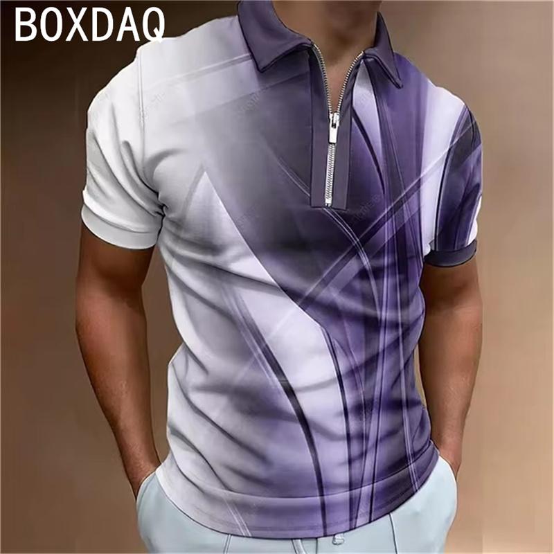 Herren Sommer Golf Poloshirt, 3D gestreiftes, herabgesetztes, bedrucktes Freizeitshirt, übergroßes Oberteil, Herren Sommer T-Shirt mit Kragen und kurzen Ärmeln
