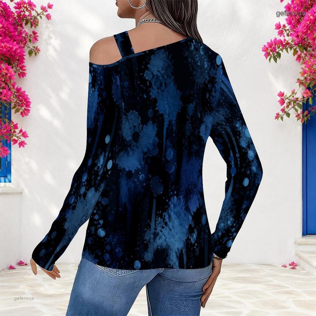 Women Plus Size Asymmetric Cutout Neck Cold Shoulder Long Sleeve Blue Printed Fitted Blouse