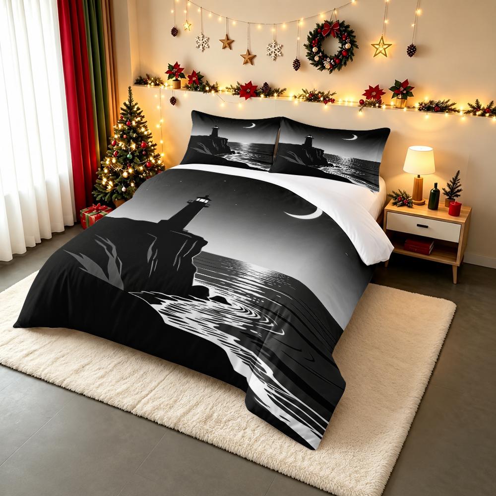 3 Piece Bedding Set Lighthouse Moon Ocean Silhouette Black White Minimalist Print Duvet Cover for Adult Room Decor