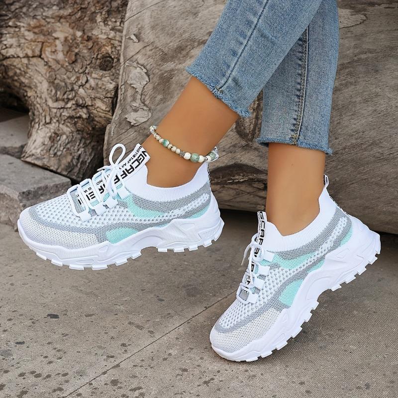 Women's Colorblock Knitted Sneakers Stylish Breathable Low Top Running Trainers, Comfy Outdoor Sports Shoes Plus Size