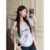 Korean Polka Dot Puppy White Slanted Shoulder Short-sleeved T-shirt Women's Summer Design Sense Niche Off-the-shoulder Short Puppy Top