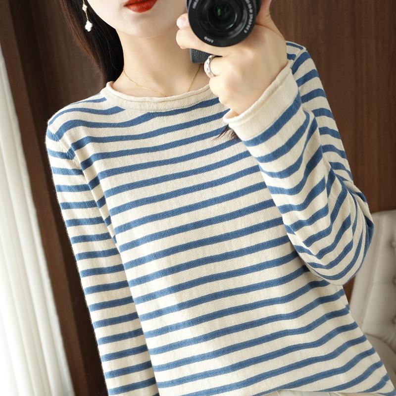 Women Cotton Sweater Curled O-neck Strip Pullover Autumn Winter Casual Knit Clothing Fashion Soft Bottoming Sweater Tops