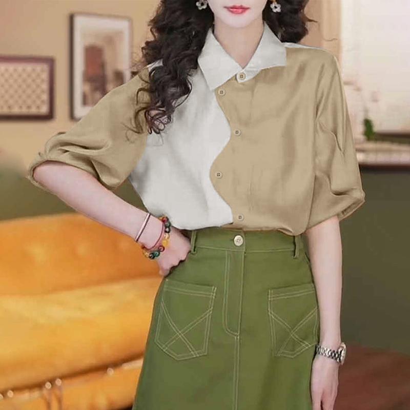 

ZANZEA Women Casual Turn Down Collar Summer Short Sleeve Splice Blouse 2XL