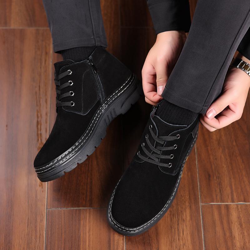 Winter New Men's Cotton Shoes, Genuine Leather, Wool and Fur Integrated Warm Casual High-top Boots, Anti-velvet Cowhide Men's Shoes