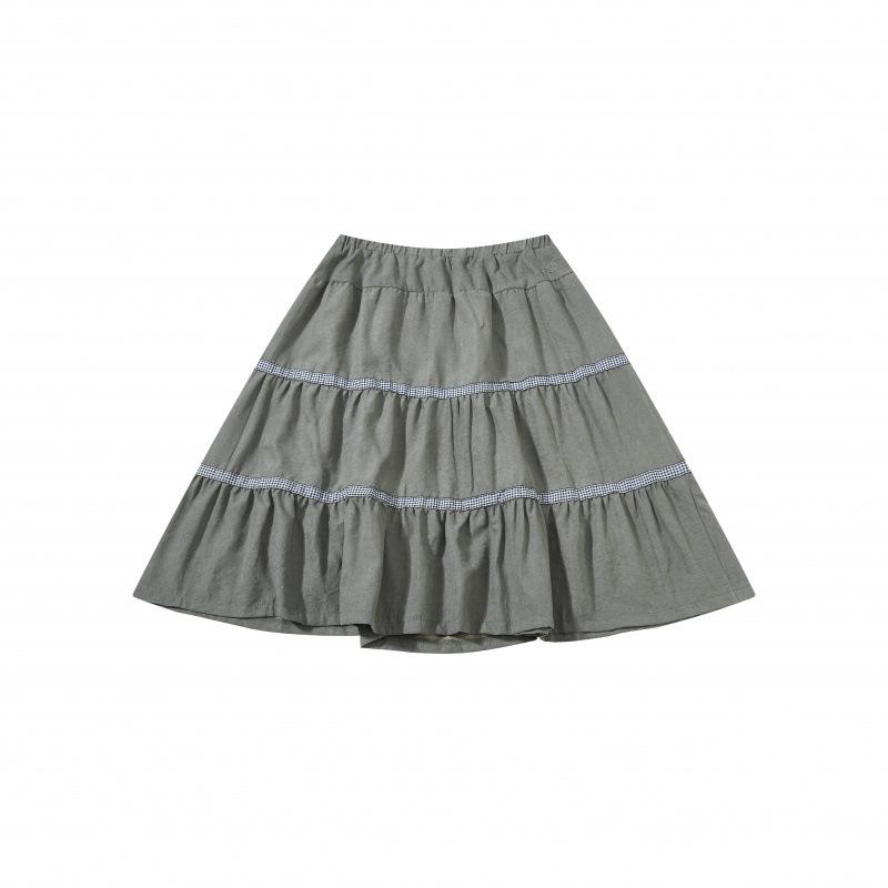 Korean & Japanese Retro Plaid Mid-Waist Long Skirt Medium серый