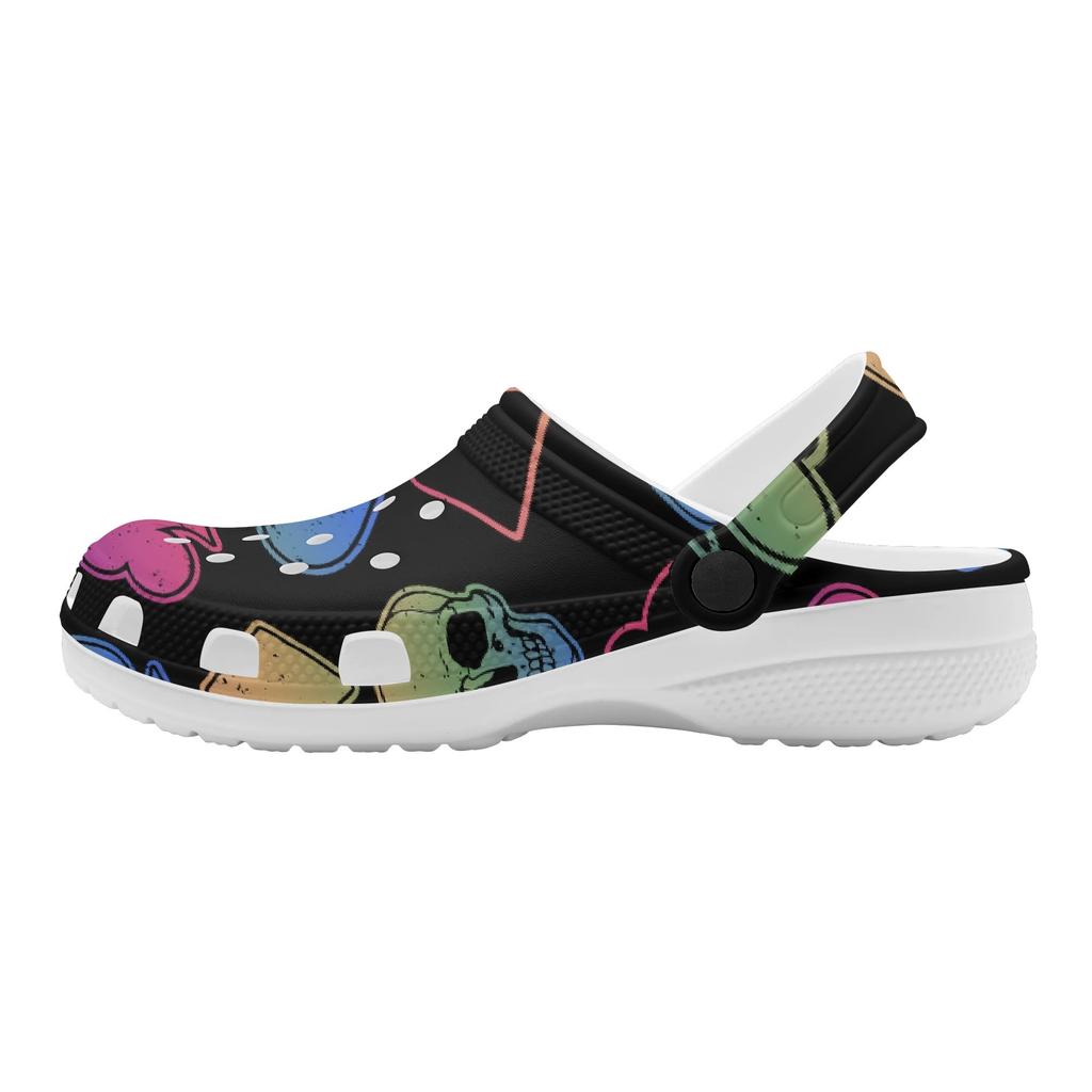 White EVA Clogs with Neon Heart Print, Lightweight Slip On Garden Shoes, Breathable Beach Sandals, Indoor Outdoor Slippers for Men Women