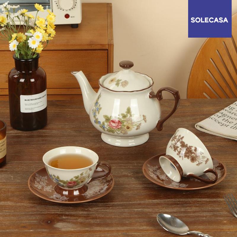 SOLECASA Ceramic Tea Set European Retro Style Rose Pattern Teapot Tea Cup & Saucers Porcelain Coffee Cup Kettle Afternoon Tea
