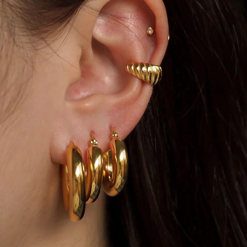 5mm Thick Round Stainless Steel Hoop Earrings for Women Classic Temperament Circle Ear Buckle Female Party Daily Jewelry