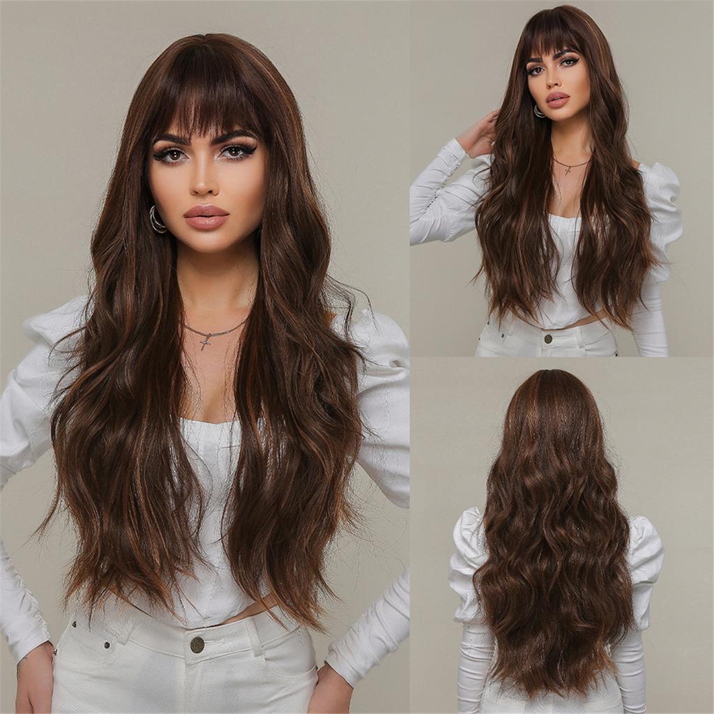 GEMMA Synthetic Dark Wine Red Long Wavy Hair Wig with Bangs Burgundy Cosplay Party Wigs for Women Natural Heat Resistant Fibre