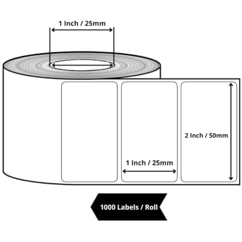 True-Ally 50x25 Direct Thermal Barcode Label Sticker - 2 x 1 inches - 50mm x 25mm - 1000 Labels Per Roll - White Self Ad